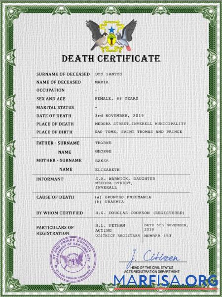 Blank Sao Tome vital record death certificate PSD template